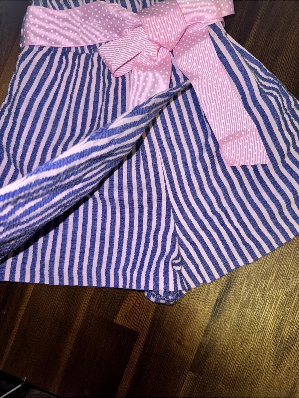Bonnie Jean Blue Stripe Sleeveless Skort Romper with Pink Bow Belt - Size 6
